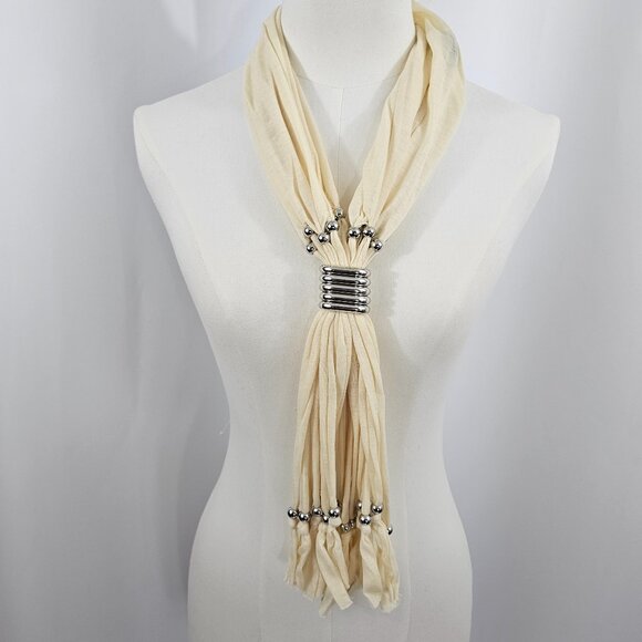 Cream Silver Ring Fringe Trimmed Adjustable Fashion Scarf NWOT - Picture 1 of 5